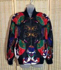 Linda Collection Late 80s Early 90s Black Scarf Print Windbreaker Jacket Large