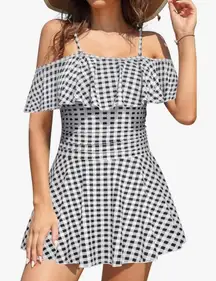 Shekini Off-Shoulder Ruffled Ruched One Piece Swimdress Black White Plaid M NWT