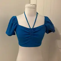 Zara Turquoise Ribbed Puff Sleeve Crop Top