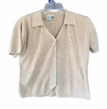 CLIO Vintage 90s Beige Ribbed Knit Polo Cardigan Button Front Short Sleeve L