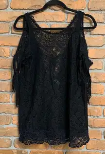 Free‎ People Womens Small Top Black Geo Sands Lace Cold Shoulder Boho Crochet