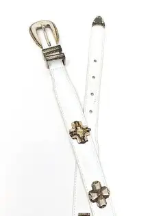 Fossil  Womens Small White Leather Gold Metallic Cross Studded Belt Boho Western