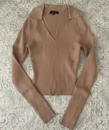 Long Sleeve Beige collared sweater knit Top