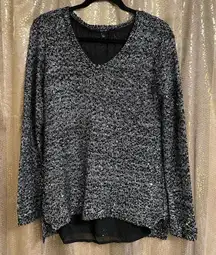 Apt. 9 Sparkly Black Silver Double Layered Sequin Long Sleeve Sweater, Large