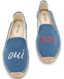 Soludos denim blue embroidered Oui Non raffia slip on shoes