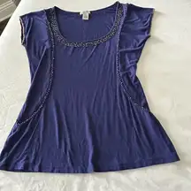 Cache Women’s 2000s  Blue Beaded Dressy T Shirt Top Sz S Small