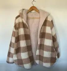 Love Tree Teddy Sherpa Plaid Tan White Cream Brown Cozy Cardigan Reversible Sz S