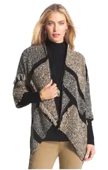 Chicos Kinsley Fringed Tweed Cardigan Stripe Knit Leather Trim Draped Open 0 (S)