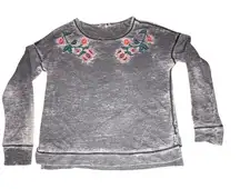 Lucky Brand Distressed Floral SWEATSHIRT Women's MED Embroidered Gray Shirt Top