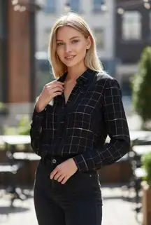 Leith Black Grid Button Down Blouse Shirt NEW Size small