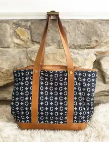 CELINE Vintage Tan Blue Macadam Tote Shoulder Bag