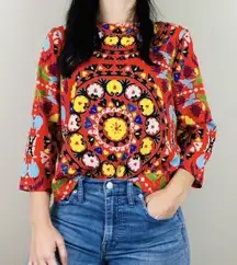 Mara Hoffman Suzani Womens Slit Back Poppy Print 3/4 Sleeve Blouse Orange Medium