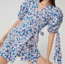 ZARA  puff sleeve pink blue floral mini wrap dress, size medium