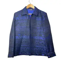 Chico's  Open Blazer Blue Black Tribal Animal Silk Blend Artsy Sz chico  0 = Small