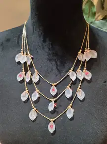 Women's Layered Gold Chain Necklace With Frosted Petal Charms And Pink Beads