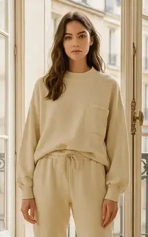 NAP Loungewear Drawstring Cotton Track Sweatshirt in Cream Oversized Size Small