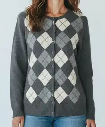 Tweeds 100% Two-Ply Cashmere Argyle Plaid Cardigan Sweater Gray Grey Medium