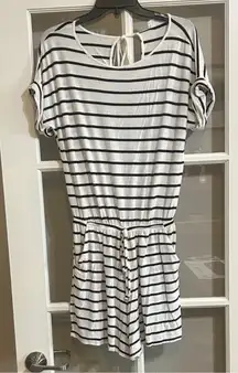 Zenana large Striped Black and White Women's romper round neck cuff sleeve