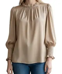 AMANDA‎ UPRICHARD 100% Silk Beige Ruffle Trim Balloon Sleeve Blouse EUC Petite