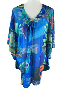 Dolcezza Art Simply Abstract Print Sheer Boho Resort Tunic Top Blue Vibrant S
