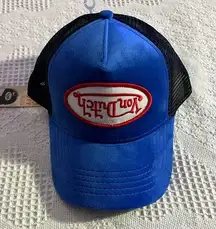 Blue suede Von Dutch upside down trucker hat