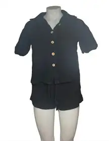 SHEIN Black Shorts Top Set Textured Button Front Top Elastic Waist Short Shorts