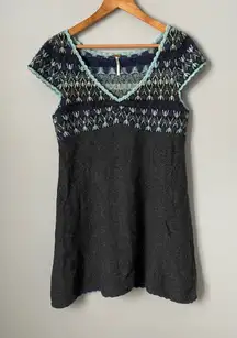 Free People Wool Knit Fair Isle Sweater Dress Teal Blue Charcoal Gray Size Large