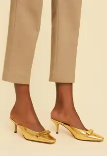 J Crew Leona Mule Heels In Metallic Snake Italian Leather Gold Bow Size-7.5