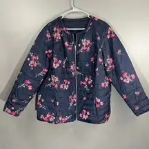 Charter Club Womens Plus Size 2X Reversible Navy Floral Puffer Jacket Zip Front