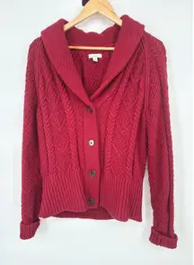 LL Bean Signature Chunky Knit Fisherman Shawl Collar Cardigan Sweater Medium Red