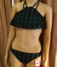 Hula Honey Women's Black Knit Lace Strappy Bikini Powder Blue Lined Size M-NWT