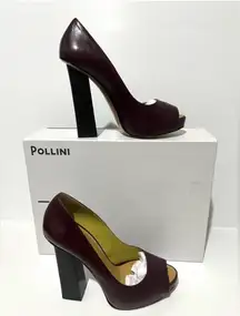 Pollini Burgundy Leather Peep Toe Block Heels