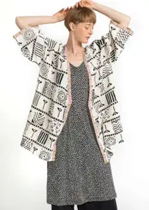 Gudrun Sjoden Cotton Kimono Jacket Wrap Womens Size Medium Cream Black Pink