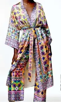 ZARA Boho Print Satin Belted Kimono Robe Dress Size M NEW