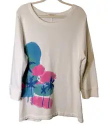 Fresh Produce Women's White Palm‎ Tree Print 3⁄4 Sleeves Sweatshirt Pullover L