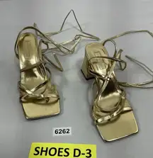 Womans Top Shop Strappy Sandal 8 Gold Square Open Toe Thong Ankle Tie Heel