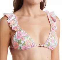 Maaji Flower Power Pirouette Sliding Triangle Pink Ruffle Bikini Top Medium NEW