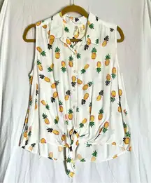JAPNA | Pineapple Print Sleeveless Tie Front Top Sz L