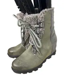 Sorel Joan of Arctic Wedge II Boot Quarry Green Sherpa Lined Women's Size 8