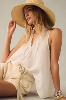 Pilcro Anthropologie Deep-V Sleeveless Flowy Linen White Blouse Bohemian Size M