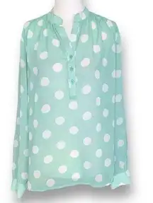 Anthropologie  Pomelo Shirt Aqua Green White Polka Dot Semi Sheer Roll Tab Sleeve