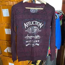 Affliction American Customs Motors Burgundy Aztec Graphic Long Sleeve Size Small