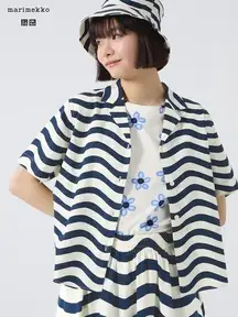 UNIQLO Linen Blend Open Collar Shirt x Marimekko Navy Stripes Size XXL
