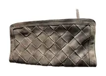 Heather Hawkins Clutch Womens Large Pewter Woven Leather Fold Over Holiday Party