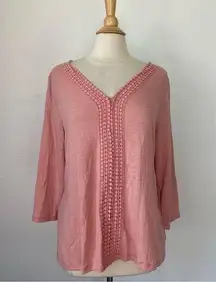 Crochet Accent Solid Pink V-Neck 3/4 Sleeve Blouse