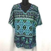 Chico’s Black Label Blue Green & Black Tunic Top Size 00 XS 2