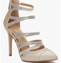 Jessica Simpson  Parminda Gold Champagne Glittery Crystals Strappy Heels 8 NEW