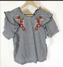 Abound Gingham Embroidered Ruffles Top