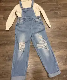 Womens Distressed Denim Jean Overalls Light Wash Relaxed Fit Cropped Leg Size S