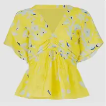 Tanya Taylor Flutter Sleeve Yellow Print Cotton Silk Blend Blouse Top Size 10